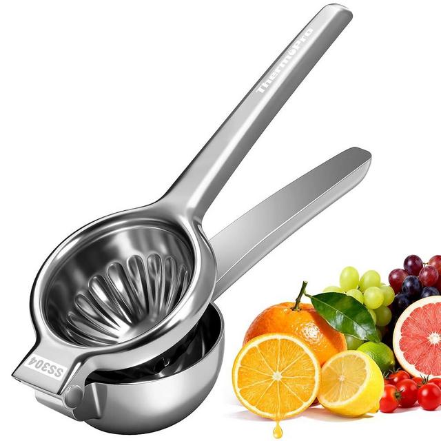 ThermoPro Lemon Lime Squeezer, 304 Stainless Steel Hand Press Citrus Juicer with Grooved Bowl & 8 Filter Holes, Heavy-Duty Hinged Handle, High Juice Yield, Easy to Use & Dishwasher Safe