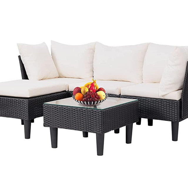 5 Pieces Patio Furniture Sets Outdoor Sectional Sofa Rattan Chair Wicker Conversation Set for Outdoor Backyard Porch Poolside Balcony Garden Furniture with Coffee Table,Khaki Cushion