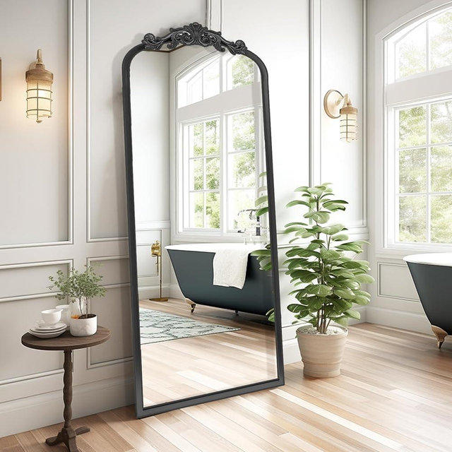 AIXI HOME Black Arched Full Length Mirror, 22"x65" Carved Elegant Rectangle Vintage Mirror with Antique Ornate Frame, Baroque Inspired Home Decor for Vanity Bedroom Entryway