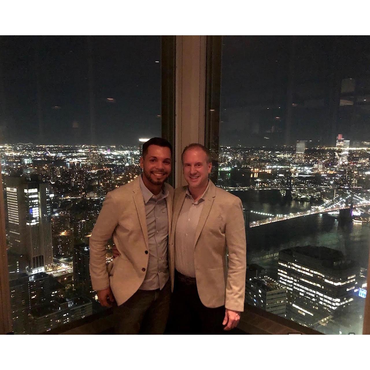 At Manahatta restaurant for Pedro's birthday dinner, overlooking Manhattan Bridge