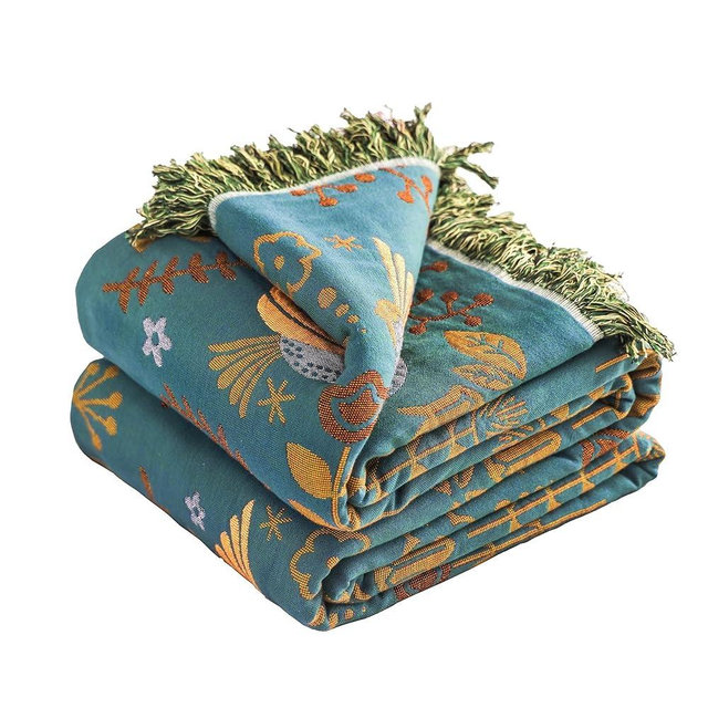 VANJOROY Boho Large Throw Blanket for Bed, 100% Muslin Cotton Soft Breathable Throw-Floral Bird Rustic Decor Blanket for Couch Sofa Quilt and Gift, 60" x 80"-Teal/Beige