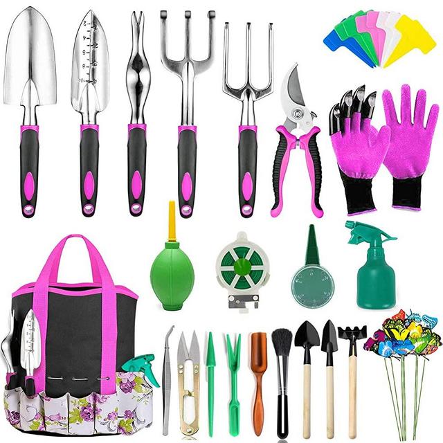 AOKIWO 83 Pcs Garden Tools Set Succulent Tools Set, Heavy Duty Aluminum Manual Garden Kit Outdoor Gardening Gifts Tools for Men Women (Rose Red)