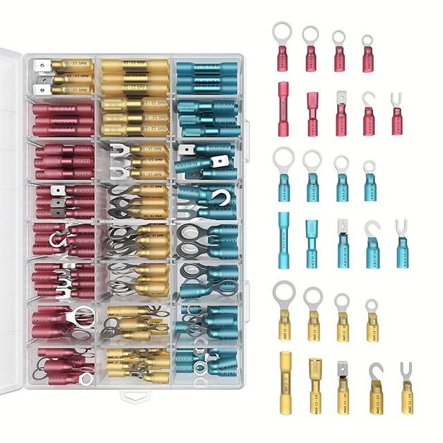 Heat Shrink Wire Connectors Kit: 270 PC Variety of Waterproof Electrical Crimp Terminals - Automotive & Marine Use. Adhesive Lined Tubing In Red Blue Yellow Butt Fork Hook Ring & Quick Disconnects Set