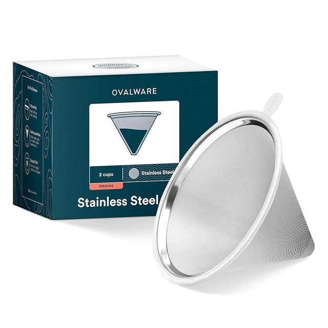 OVALWARE UPGRADED Paperless Stainless Steel Pour Over Coffee Filter – Reusable Permanent Coffee Cone Dripper with Silicone Safety Tab for Easy Removal, Fits Ovalware, Chemex, Hario & Other Carafes