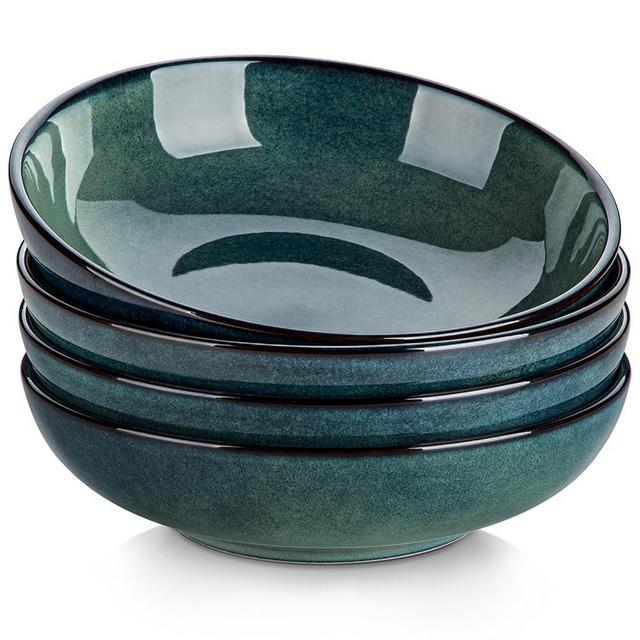 vancasso Stern Ceramic Pasta Bowl Set of 4, 38 Oz Large Salad Bowls for Serving, Microwave Oven Safe Soup Bowls for Kitchen, Green Stoneware Bowl Set