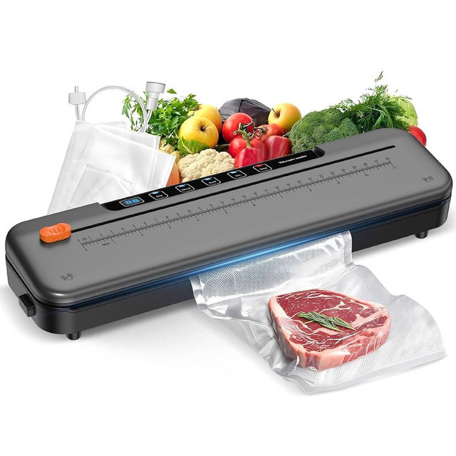75kPa Compact Vacuum Sealer Machine For Food, 6-in-1 Sous Vide Vacuum Sealing Machine with Starter Kits, External Sliding Blade, Digital Countdown Gray