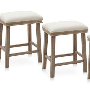 Sophia & William Bar Stools Set of 3, Solid Wood Backless Stools with PU Leather Cushion, 24 Inch Counter Height Upholstered Barstools for Kitchen Island, Creamy White