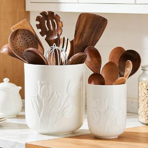 Tulips White Ceramic Utensil Holder Set, Large Kitchen Utensil Crocks – Modern Countertop Organizer for Cooking Utensils, Spatula, Spoons | Practical Kitchen Counter Decor