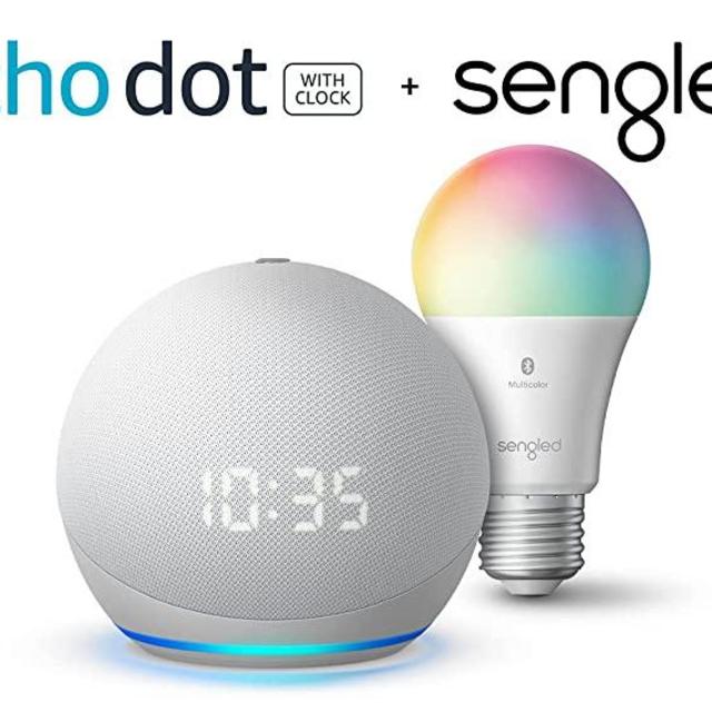 Echo Dot (4th Gen) with Clock with Free Sengled Color Bulb, Glacier White