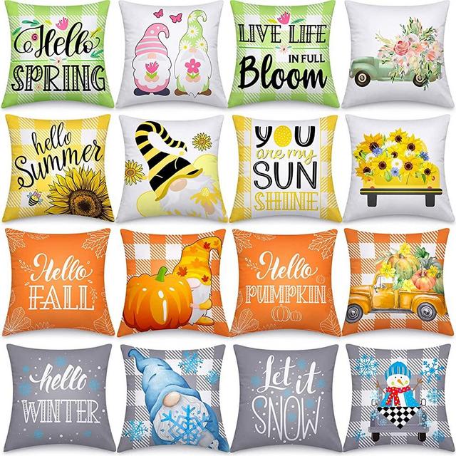 Set of 16 Spring Summer Fall Winter Pillow Covers 18 x 18 Inch Home Buffalo Plaid Pillow Case Floral Bloom Truck Sunflower Bee Pumpkin Let It Snow Cushion Case for Home Decor