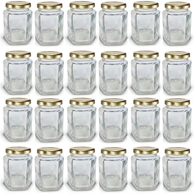 4 oz Hexagon Mini Glass Jars with Gold Lids and Labels (Pack of 24)