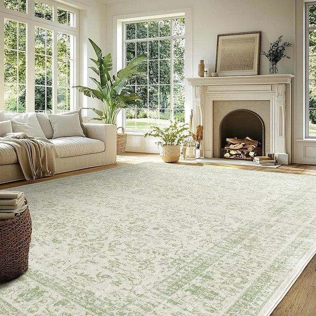 BILEEHOME Sage Green Rug for Bedroom,Boho Floral Print Washable Cottage Core 8x10 Area Rugs for Living Room,Light Green