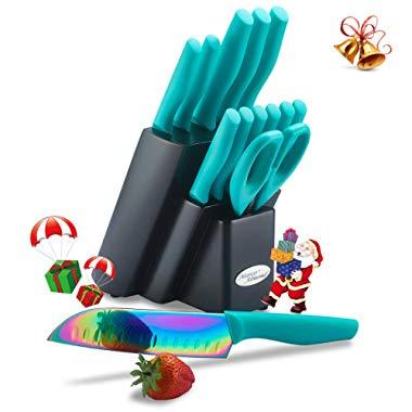 DISHWASHER SAFE Rainbow Titanium Cutlery Knife Set, Marco Almond KYA27 Kitchen Knives Set with Wooden Block, Rainbow Titanium Coating,Chef Quality for Home & Pro Use, Best Gift,14 Piece Turquoise