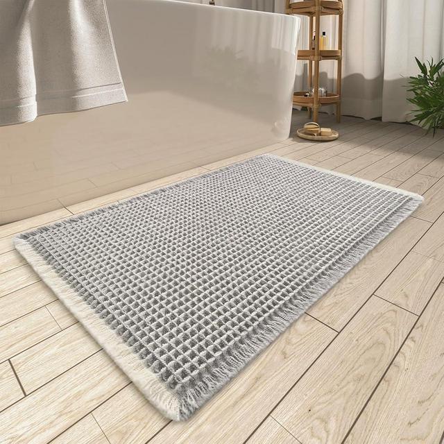Upgraded Waffle Bath Mat, Super Absorbent Non Slip Bath Mats for Bathroom Floor, Machine Washable Bathroom Rugs with Tassels, Rubber Backed Bathroom Mats, Ultra Soft, 18" x 30",LightGrey & Cream