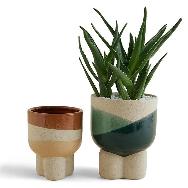 TENGSAN Ceramic Flower Pots Set of 2, Contains Small and Tall Plant Pots, Hand-Painted Sand Glaze Flower Pot with Drainage Holes, Ceramic Vase Set for Home Decor, Table, Shelves, Living Room Decor