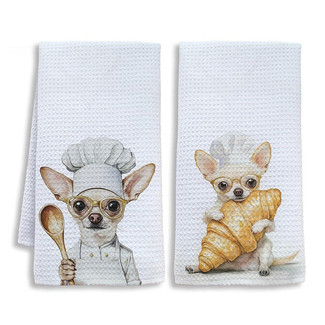 Shrago Funny Chef Chihuahua Kitchen Towels, Chihuahua Gifts for Women Men Dish Tea Towels, Dog Lover Gifts Decorative Hand Towel for Kitchen Bakery, 16x24 Inch Set of 2