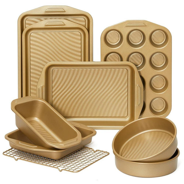 HONGBAKE 9-Piece Baking Pans Set with Wave Texture, 0.8mm Thick Bakeware Sets Non Stick, Includes Stackable Cookie Sheets for Oven Cooking, Cake Pan, Muffin Pan, Loaf Pan, Roasting Pan, Rack, Gold