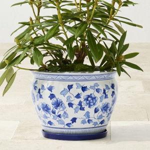 Blue & White Ceramic Planter with Tray LARGE