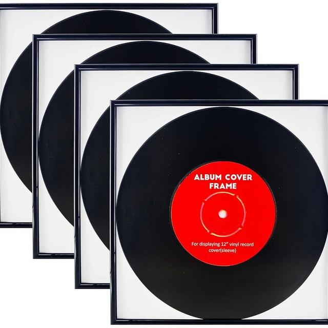 ReqiHome 4 Pack, Black Music Record Album Frame, Display 12.5"x12.5" Music Vinyl LP Album Covers, High light piano finish foil frame moulding, includes hanger