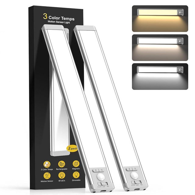 10inch Under Cabinet Lighting with 3 Color Temps, 2 Pack Rechargeable Motion Sensor Light Indoor, 5 Levels Dimmable Magnetic Closet Lights, Wireless Under Counter Lights for Kitchen, Stairs