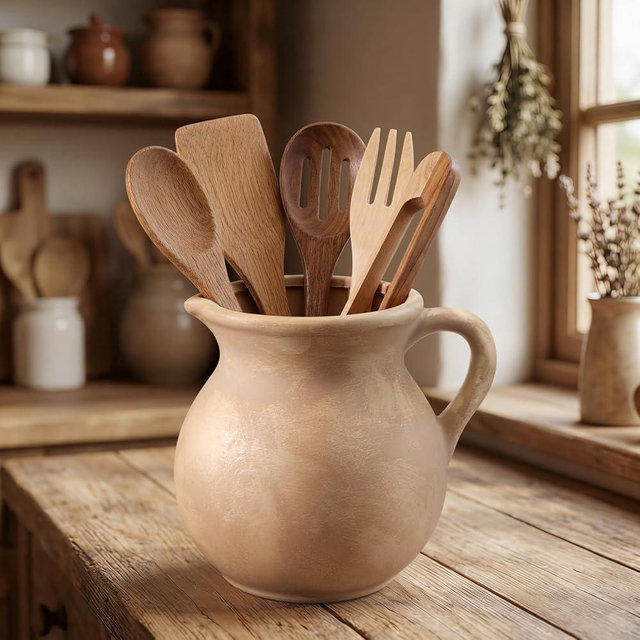 Potchen Rustic Kitchen Utensil Holder with Handle,7.48" H Ceramic Vintage Utensil Crock for Countertop, Farmhouse Kitchen Decoration Ceramic Pot for Spatulas Spoons Tongs(Classic,Antique Beige)