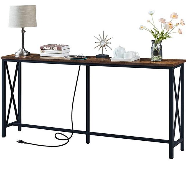 SUPERJARE 70.9 Inch Console Table with 2 Outlet and 2 USB Ports, Extra Long Entryway Table with Metal Frame and X-Shaped Design, Narrow Sofa Table for Living Room and Hallway - Rustic Brown