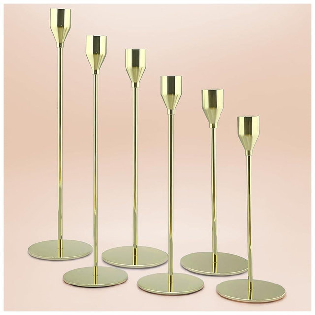 Looscentt 6Pcs Lemon Gold Candlestick Holders Set Fit 3/4" Tall Taper Candle Home Decorative Table Centerpieces for Family Dinning, Party Decoration