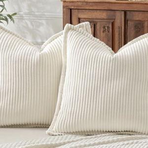 Mecatny Corduroy Spring Throw Pillow Covers 18x18 Set of 2, Neutral Decorative Soft Boho Couch Pillow Covers with Broadside for Sofa Living Room, Cream White