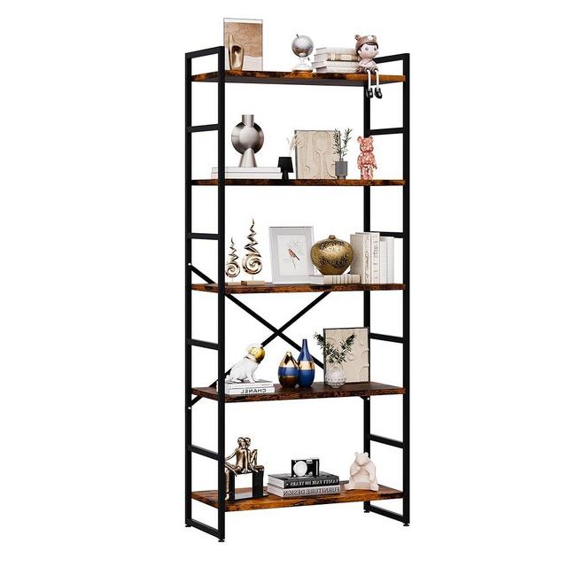 Walsunny Bookshelf, 5 Tier Bookshelves, Home Office Bookcase Shelf Storage Organizer, Free Standing Storage Shelving Unit for Bedroom, Living Room and Home Office,Rustic Brown