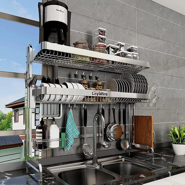 Over Sink Dish Drying Rack, Loyalfire 2 Tier Full Stainless Steel Large Storage Adjustable Kitchen Dish Rack (24.41''-37.6''), Expandable Dish Drainer Shelf Rack with Utensil Holder, Cup Hanging Set