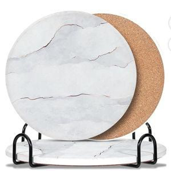 White Marble- 3-Pcs 7'' Ceramic Marble Style Trivet with Holder, Absorbent Trivets for Hot Dishes, Cork Bottom Anti-Slip Trivet Mats for Hot Pots and Pans