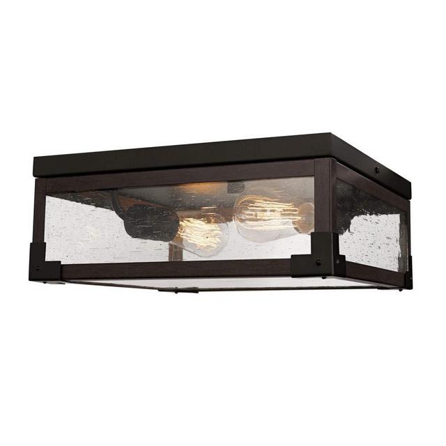 Globe Electric Williamsburg 2-Light Flush Mount Ceiling Light, Dark Bronze, Dark Wood Finish Accents, 5 Seeded Glass Panes 65917