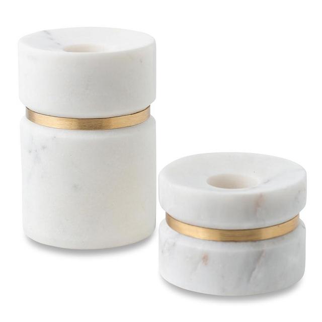 Cork & Mill Taper Candle Holders for Candlesticks, Set of 2 Handcrafted White Marble and Gold Brass Candle Stick Holders for Tall Tapered Candles, Modern Centerpiece for Dining Table Decor or Mantle