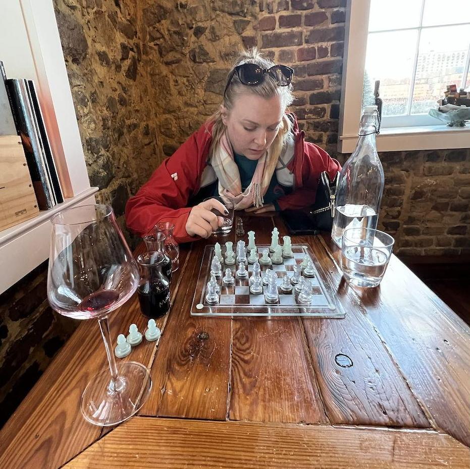 Playing chess at a wine bar in Savannah in December 2022