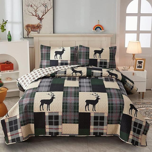 Lodge Quilt Set Full/Queen Size, Rustic Cabin Bedding Set Black Deer Bedspreads Coverlet Reversible Animal Printed Bedcover Wildlife Patchwork Dark Green Beige Plaid Bed Cover Country Decor(90"x 90")