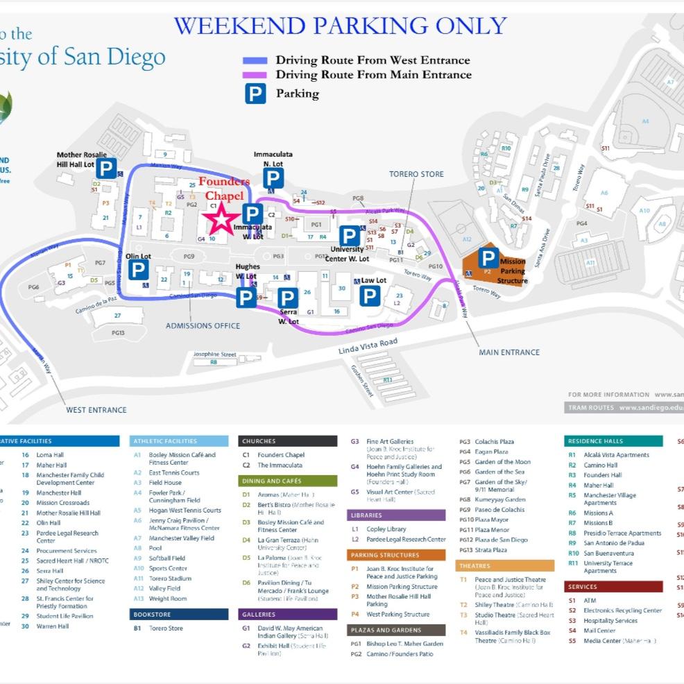 This is a map of USD, and where to park on campus, and where to find the chapel.

Guests should park in the Hughes W. Lot.