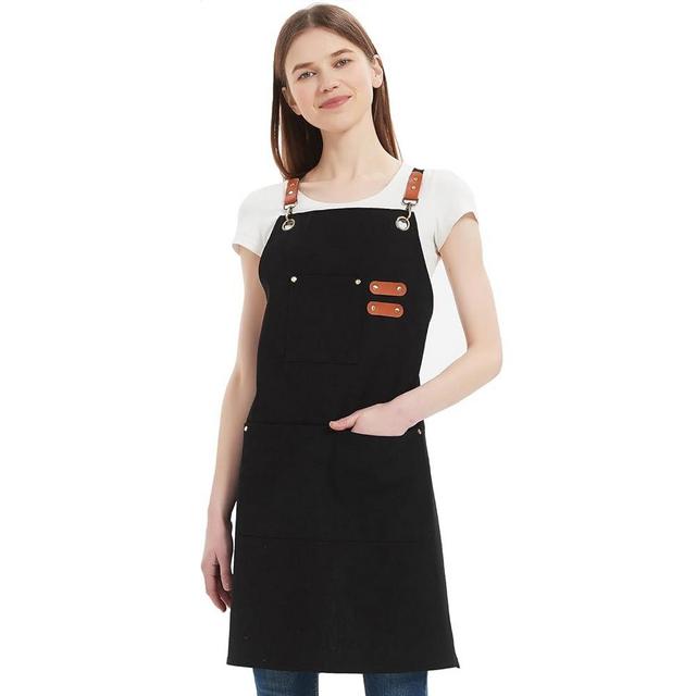 AFUN Chef Aprons for Women Men with Large Pockets, Cotton Canvas Cross Back Water Repellent Work Apron, Size M to XXL (Black)