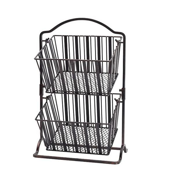 Gourmet Basics by Mikasa Band and Stripe 2-Tier Metal Mini Countertop Fruit Storage Basket, 17.5-Inch, Black