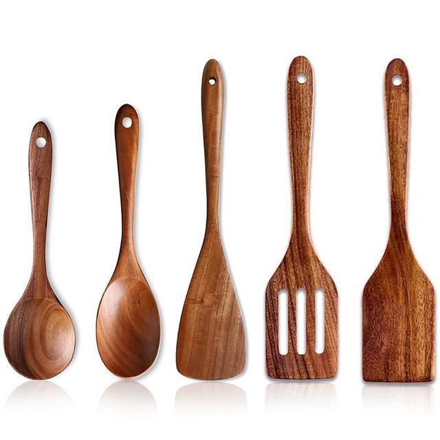 5 Pcs Luxury Wooden Kitchen Utensils Spoons Non Stick Spatula Cooking Utensils Set-Best Wood Spatula Paddle, Slotted Spatula, Angled Turner Spatula, Serving Cooking Spoon Mixing Spoon Utensil
