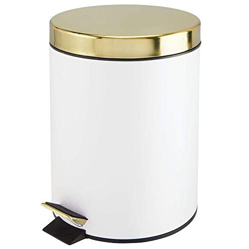 mDesign 5 Liter Round Small Metal Step Trash Can Wastebasket, Garbage Container Bin - for Bathroom, Powder Room, Bedroom, Kitchen, Craft Room, Office, Removable Liner Bucket - White/Soft Brass