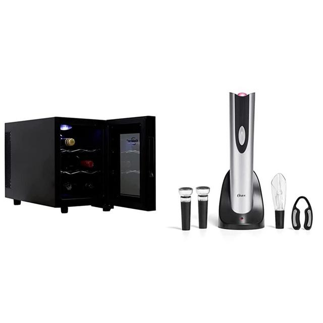 Koolatron WC06 Urban Series 6 Bottle Cooler, Thermoelectric Fridge, 0.65 cu. ft. & Oster 4-in-1 Wine Savoring Experience with Cordless Electric Wine Opener | Wine Kit, Black