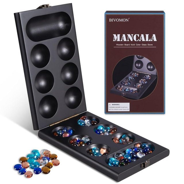 BIVOMON Wooden Mancala Board Game Set-Classic Table Games with 72+8 Bonus Multicolored Glass Stones for Kids & Adults-Portable Travel Board Family Game 2 Player