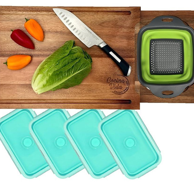 Acacia Wood Cutting Board with 4 Collapsible Containers and a Strainer - All-in-One Over the Sink or Counter w/Optional Slide-out Kitchen Must Have