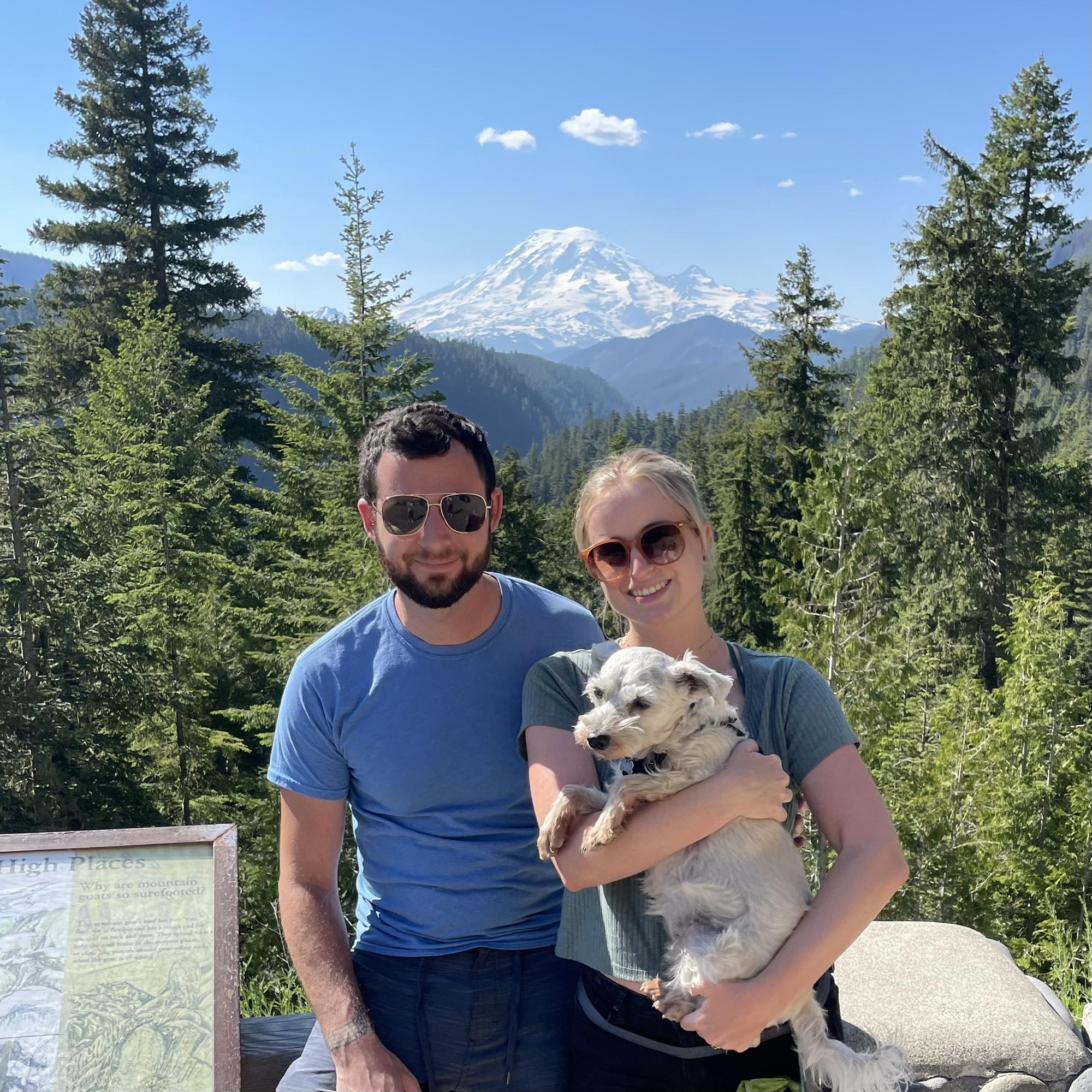 Last summer, Joe, Emily, and Suki went on a roadtrip across the country. This was taken in front of Mt. Rainier.