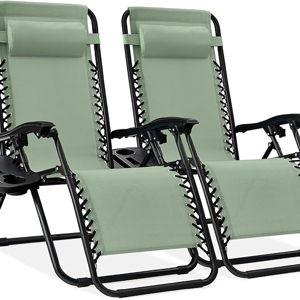 Best Choice Products Set of 2 Adjustable Steel Mesh Zero Gravity Lounge Chair Recliners w/Pillows and Cup Holder Trays - Sage Green