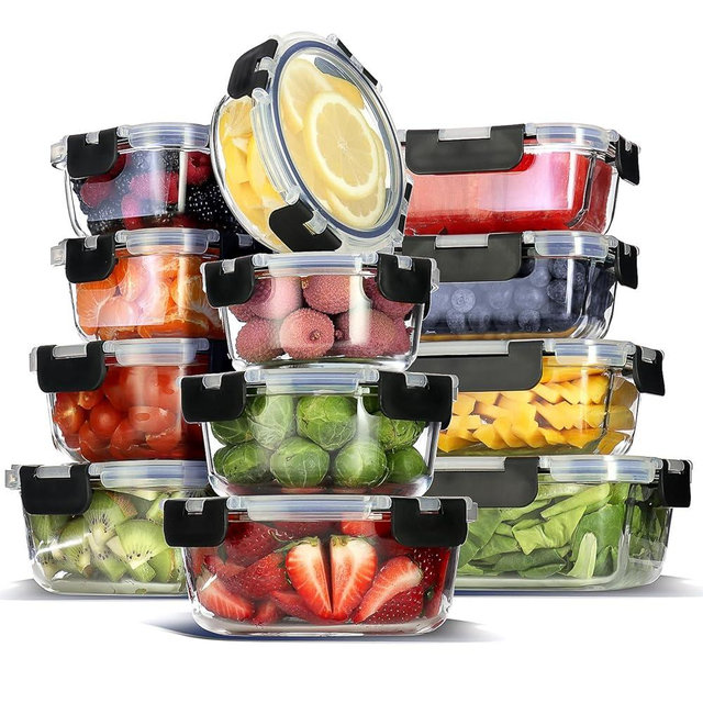 EATEX 24pc Glass Storage Containers with Lids, 12 Set Glass Food Storage Containers with 12 Airtight Lids, Pantry Kitchen Meal Prep Containers for Lunch, Freezer Storage Containers, Jet Black