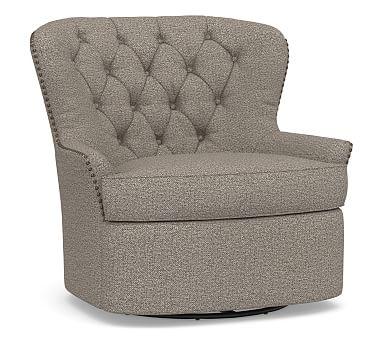 Cardiff Upholstered Tufted Swivel Armchair, Polyester Wrapped Cushions, Performance Chateau Basketweave Light Gray