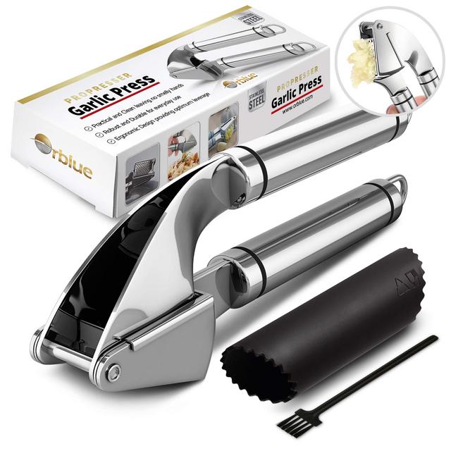 ORBLUE Garlic Press, Stainless Steel Mincer and Crusher with Garlic Rocker and Peeler Set – Professional Grade, Dishwasher safe, Rust-proof