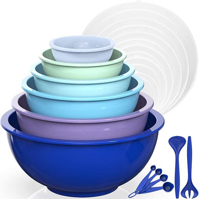 Mixing Bowls with Airtight Lids, Umite Chef 18 Piece Plastic Nesting Serving Bowls with Lids, Includes Salad spoon & Measuring Cups, Microwave Safe Mixing Bowl Set for Mixing, Baking, Serving (Blue)