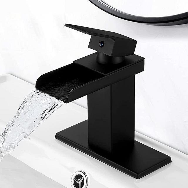Sccot Matte Black Waterfall Bathroom Faucet Wide Mouth Spout, Solid Brass Sink Vanity Faucets 1 or 3 Hole 4 Inch, Single Handle Basin Lavatory Modern Commercial Mixer Tap with Deck Mount Plate